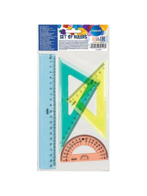 Geometrijski set Centrum u boji 4/1 Ravnalo 20 cm, dva trokuta, kutomjer