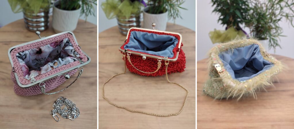 Otvorene heklane torbe Bolkica: cvjetna podstava u Sima retro torbi (roza), svijetloplava u Bubble retro torbi (crvena) i u Clutch torbi