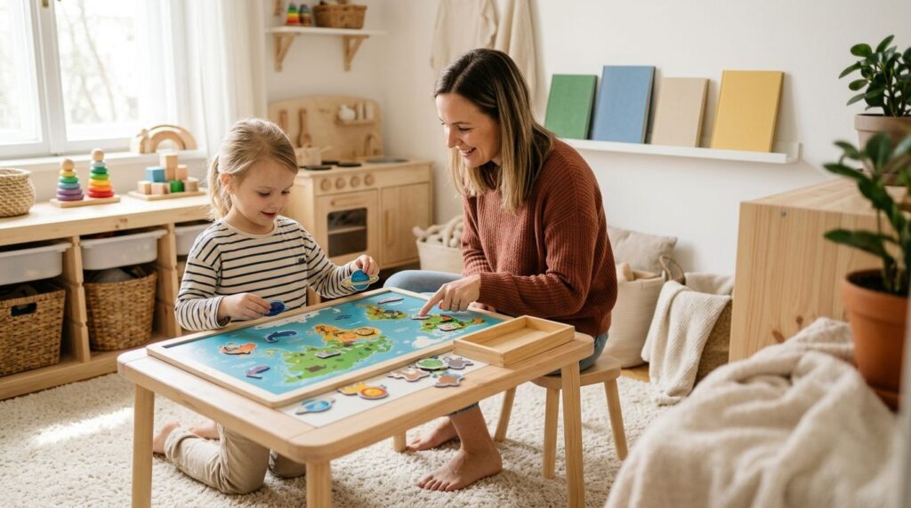Dijete s mamom slaže magnetne dijelove na ilustriranu kartu svijeta