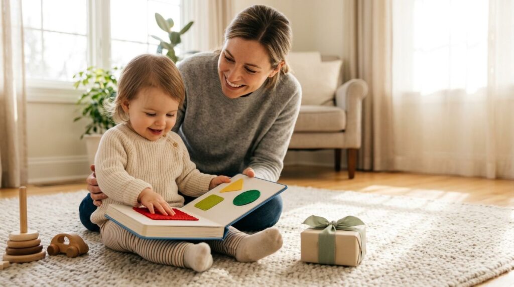 Malo dijete i mama listaju slikovnicu na tepihu, pokraj zamotanog poklona