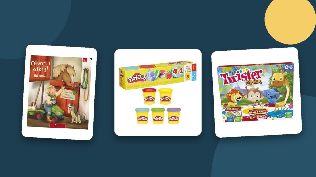 Pokloni za dijete do 4 godine: slikovnica Otvori i otkrij! – Na selu, Play-Doh Back to School i Twister Junior