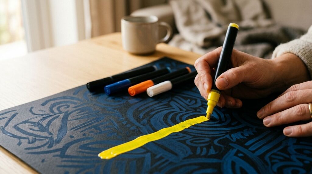Marker povlači žutu liniju preko plavog uzorka na crnom papiru