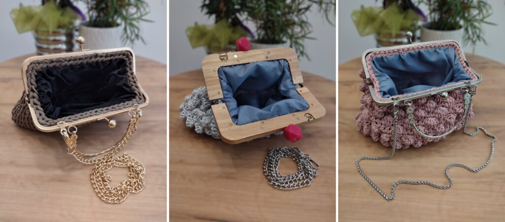 Otvorene heklane torbice Sima retro (smeđa) s crnom podstavom, Bubble retro (siva) s drvenim okvirom i Bubble retro (roza) s plavom podstavom